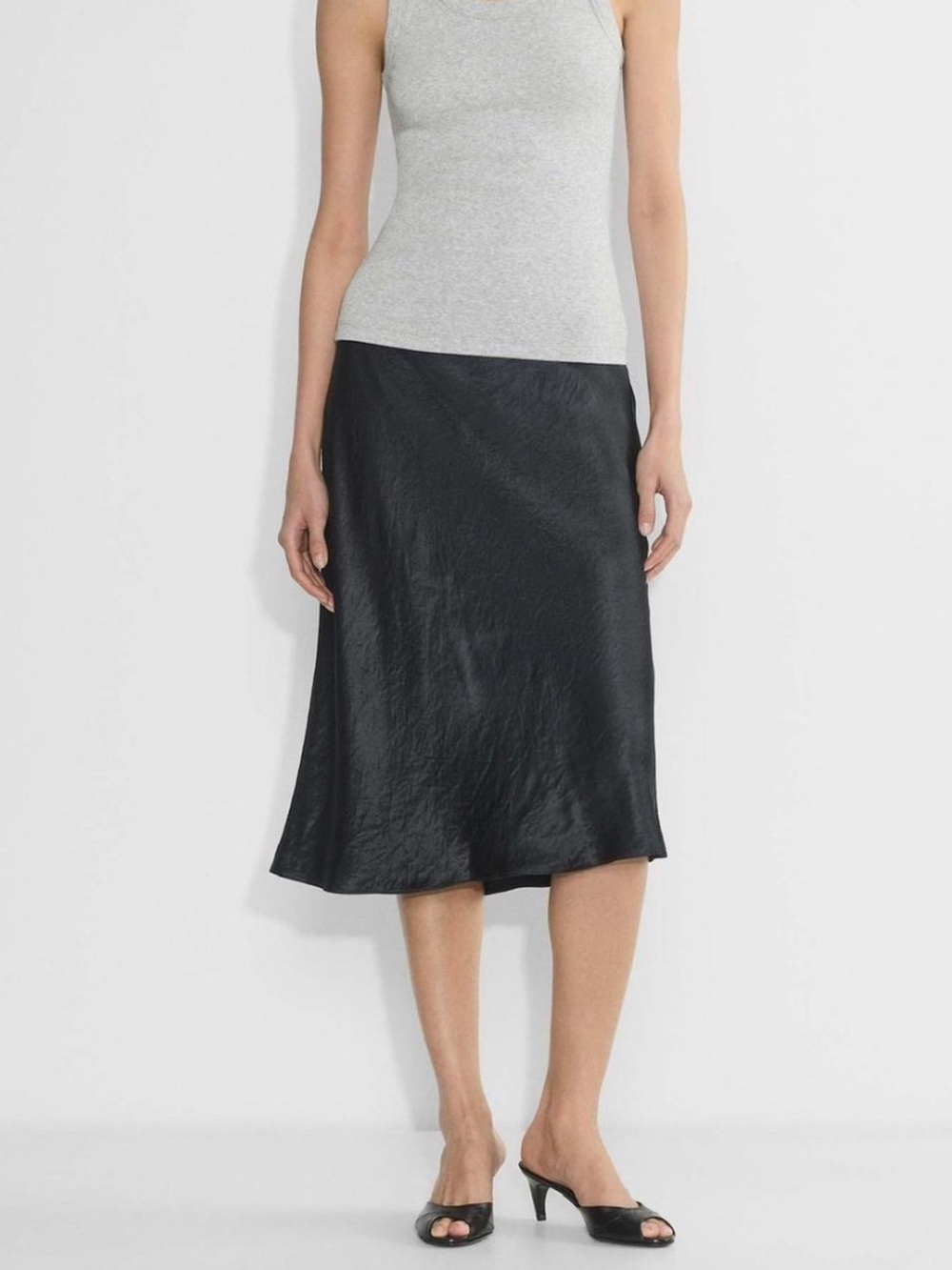Babaton Slip Satin Midi Skirt Elastic Waist Bias Cut High Sheen Black Aritzia